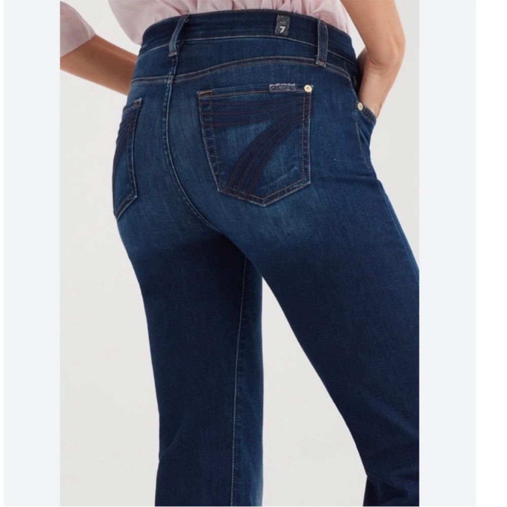 NWT 7 FAMK Dojo Jeans in Blue Black Santiago Flare 7 Logo Pockets